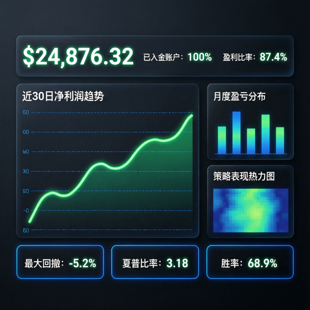 Trading dashboard showing profit growth and funded account metrics