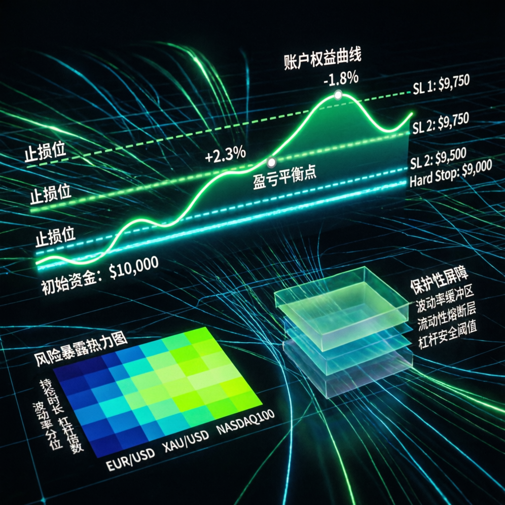 Risk management visualization with stop loss levels and protective barriers