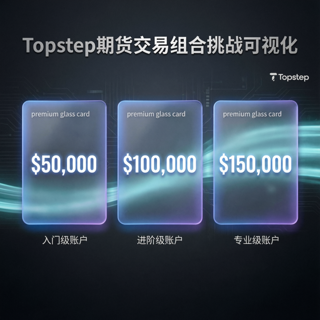 Topstep account sizes 50K 100K 150K glass cards visualization