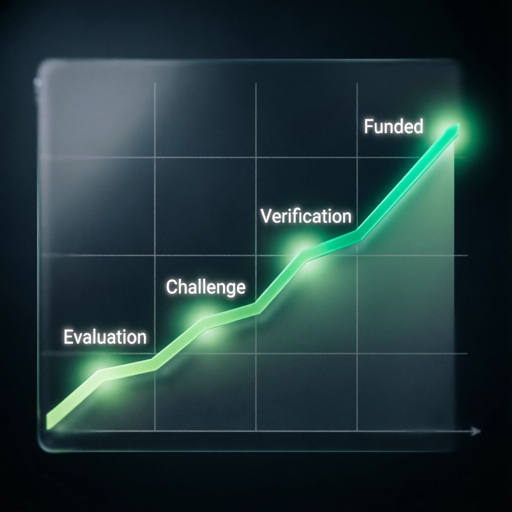 Financial growth chart showing account scaling from evaluation to funded