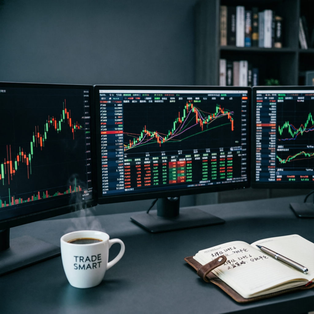 Professional trading workspace with multiple monitors showing Topstep futures charts