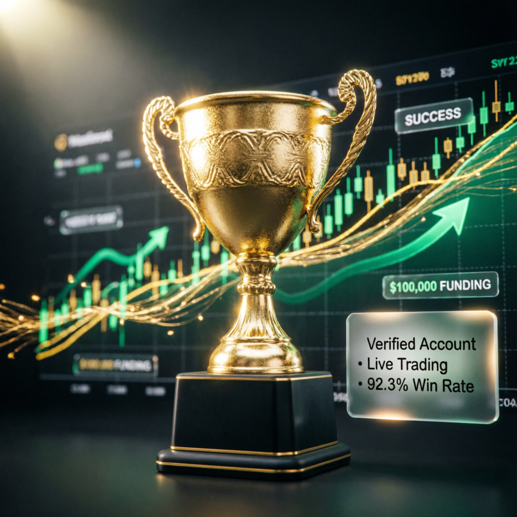 Funded trading account success celebration with trophy