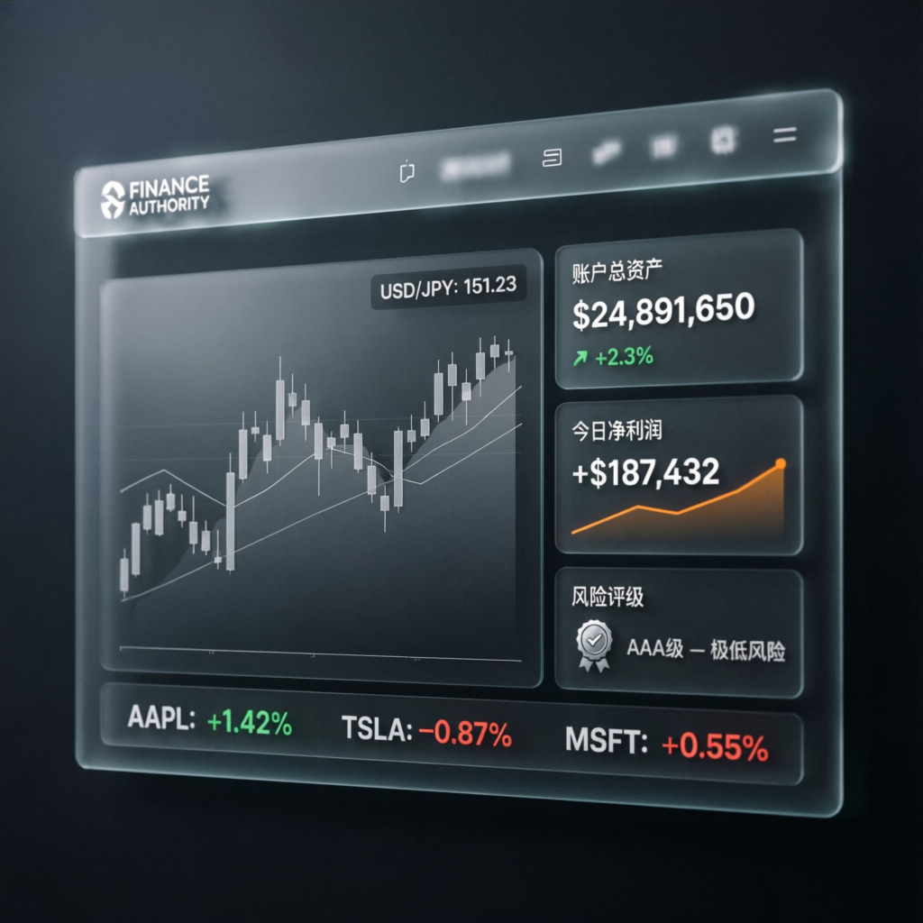 Premium finance authority trading dashboard with account statistics