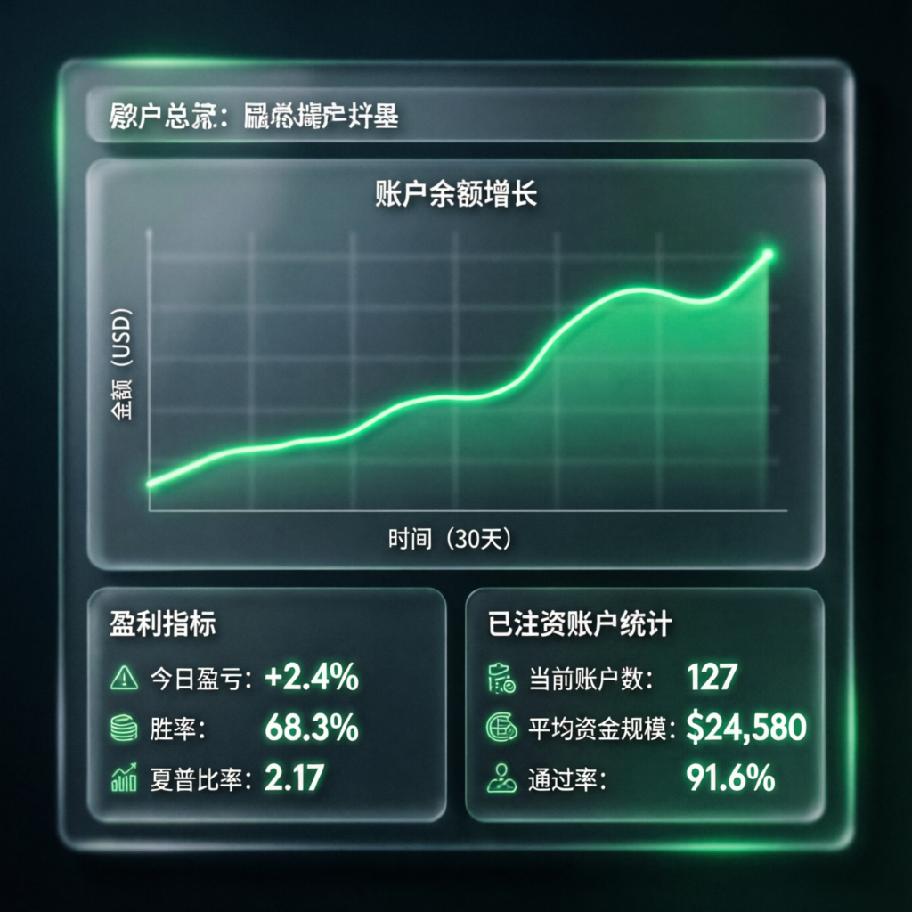 Trading dashboard showing funded account growth and prop firm passing service statistics