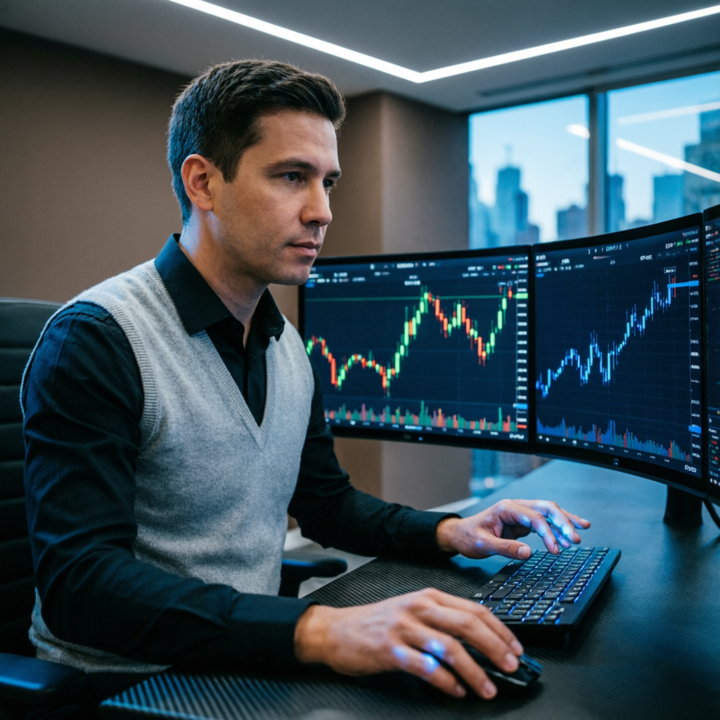 Professional forex trader using prop firm passing service on multiple monitors