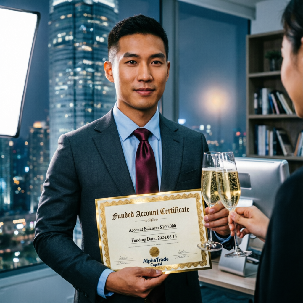 Funded account certificate celebration with successful trader