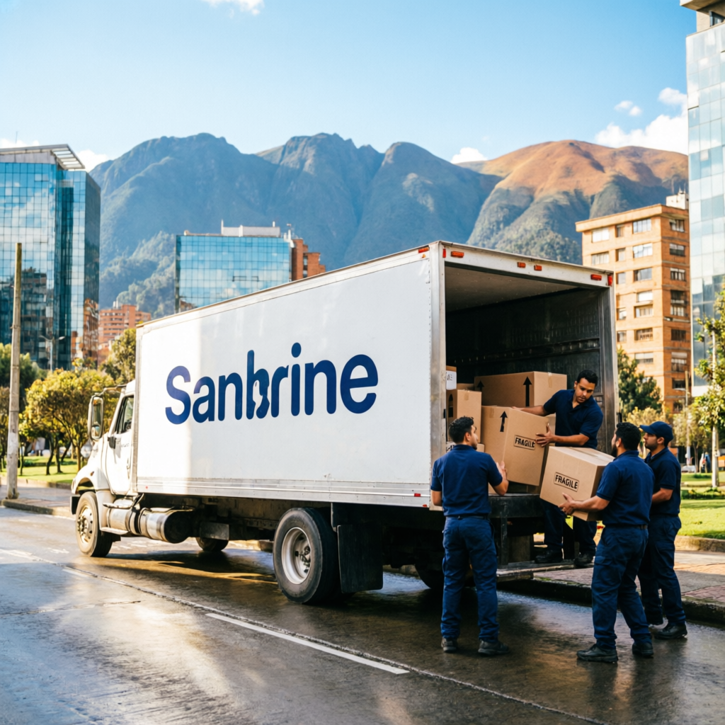 Camión de mudanzas con equipo de trasteos profesionales cargando cajas en Bogotá
