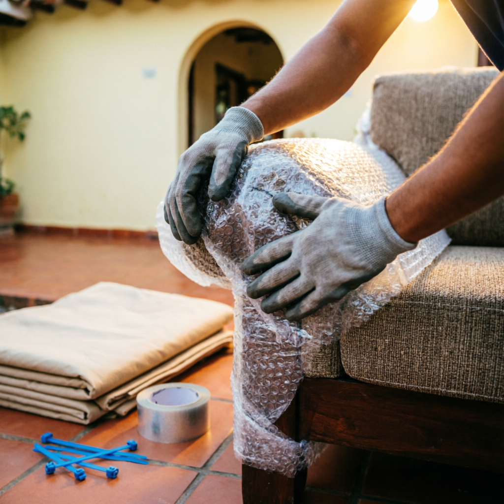 Empaque profesional de muebles con material protector para mudanza