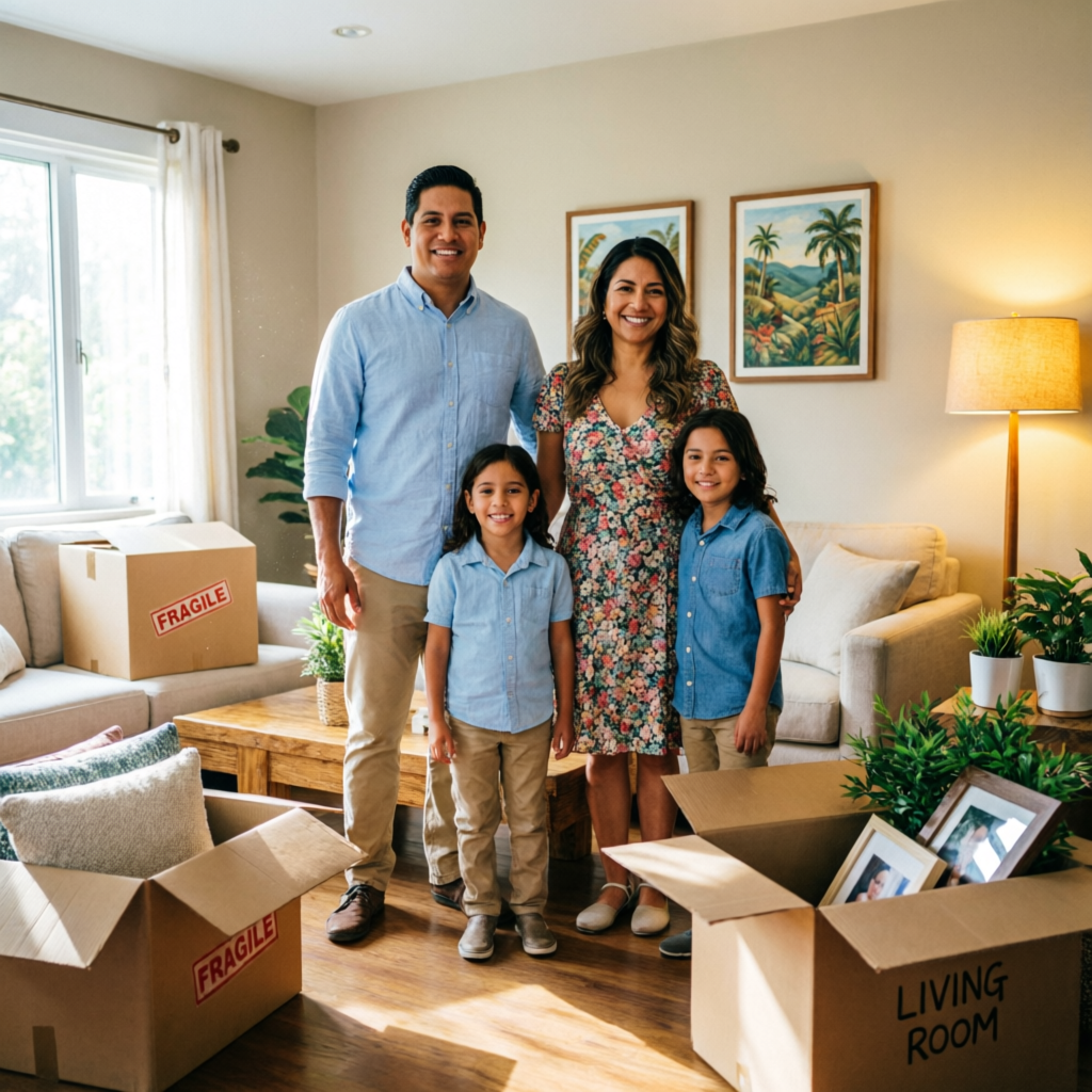 Familia feliz en su nueva casa después de mudanza nacional