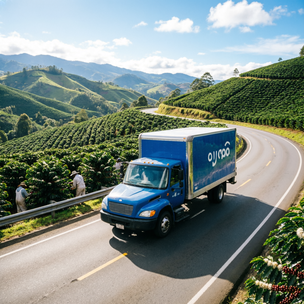 Camión de transporte en carretera de Colombia con montañas verdes