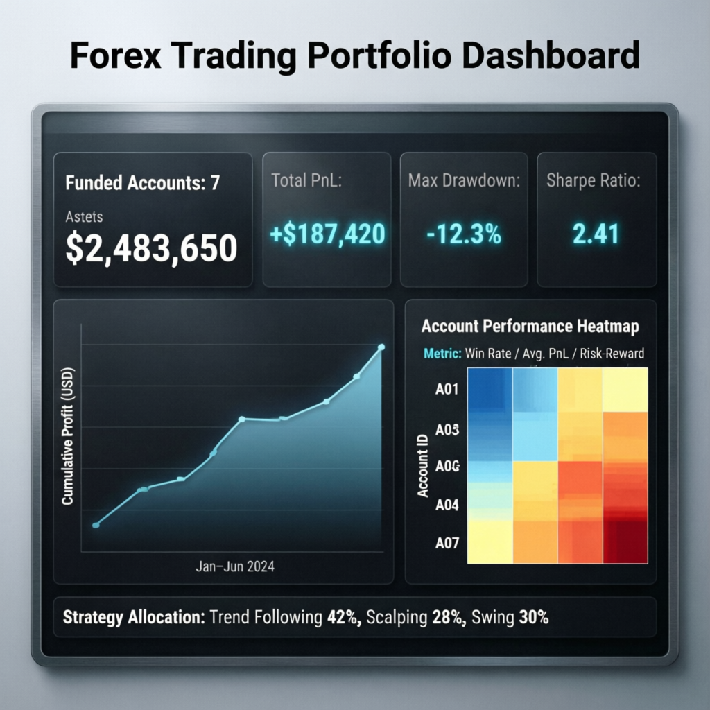 Forex Trading Portfolio Dashboard showing multiple funded accounts - PFM Capitals