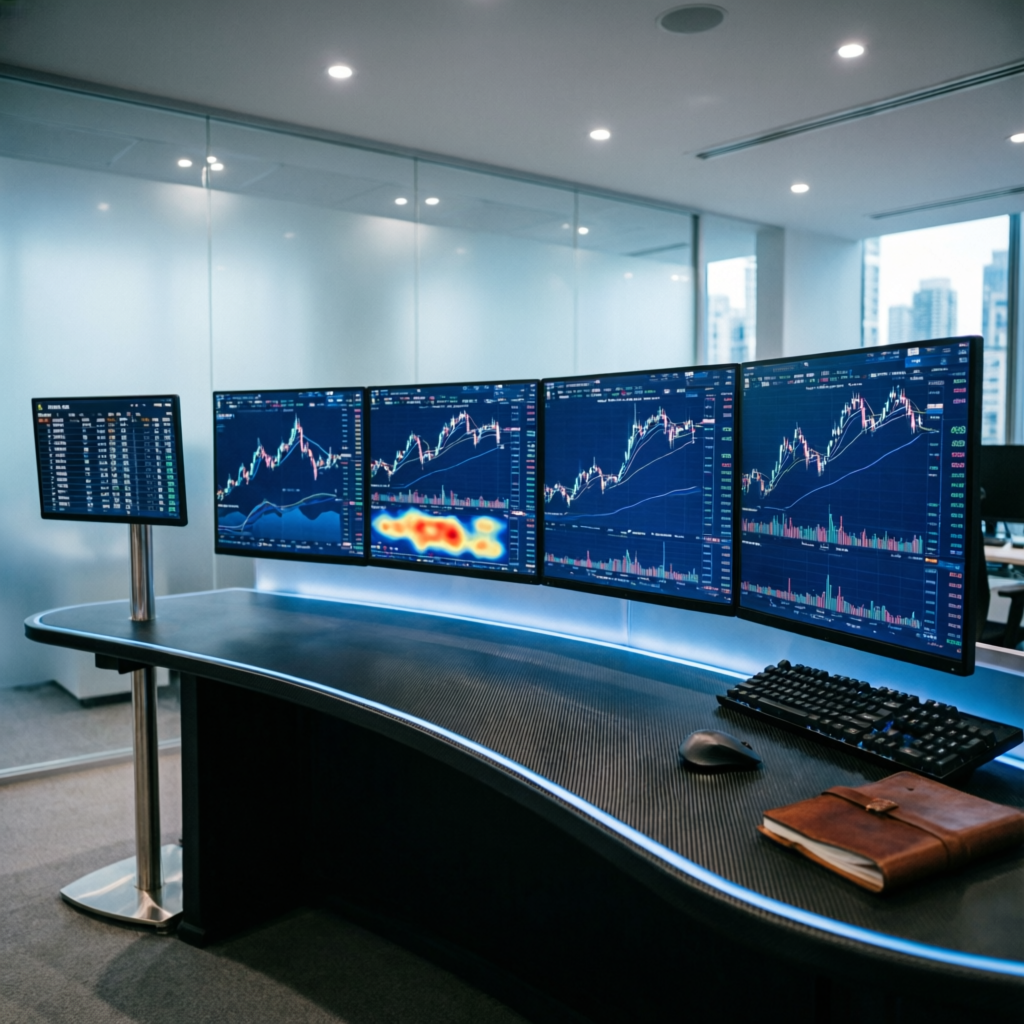 Professional forex trading desk with multiple monitors displaying charts - PFM Capitals prop firm passing service