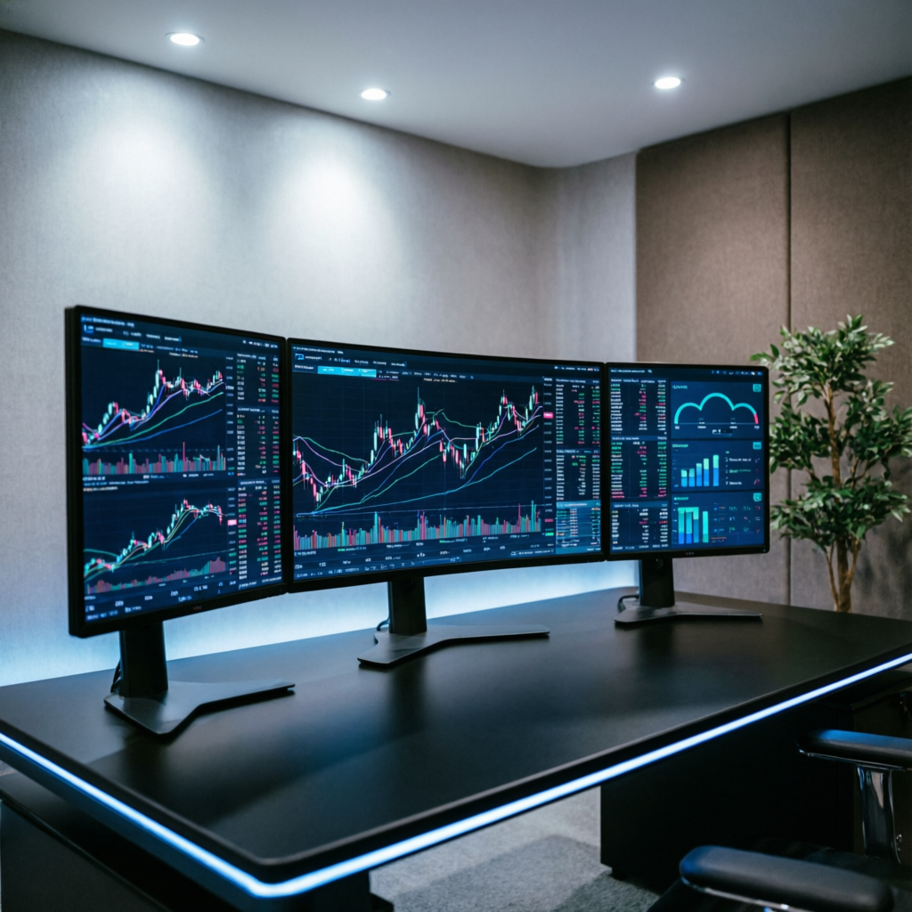 Professional forex trading setup with multiple curved monitors - PFM Capitals funded account management