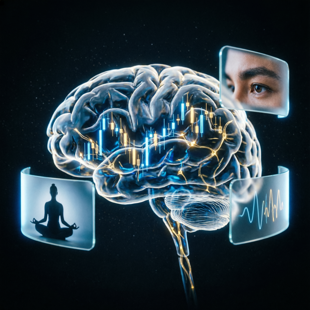 Trading psychology concept with brain and candlestick patterns