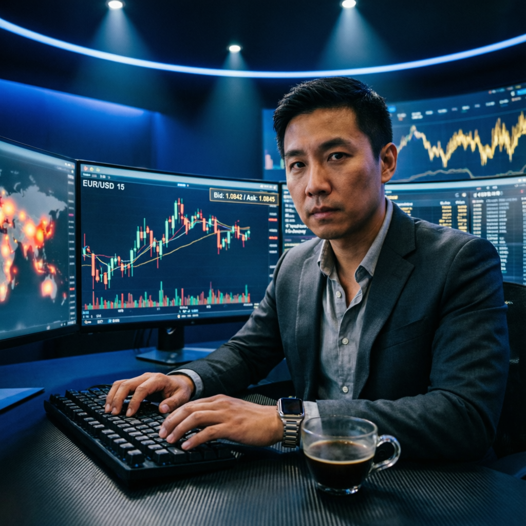 Professional forex trader at multi-monitor trading desk with financial charts