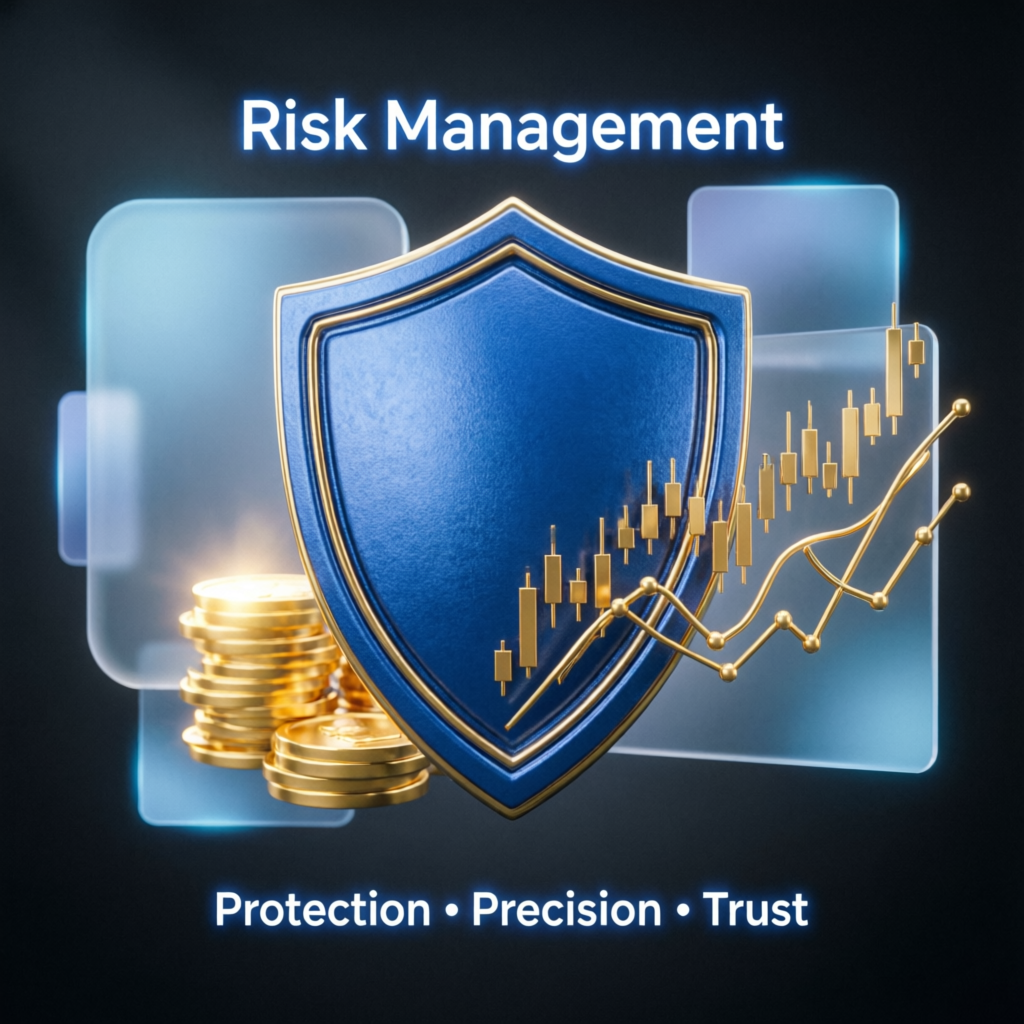 Risk management shield protecting trading capital with financial charts