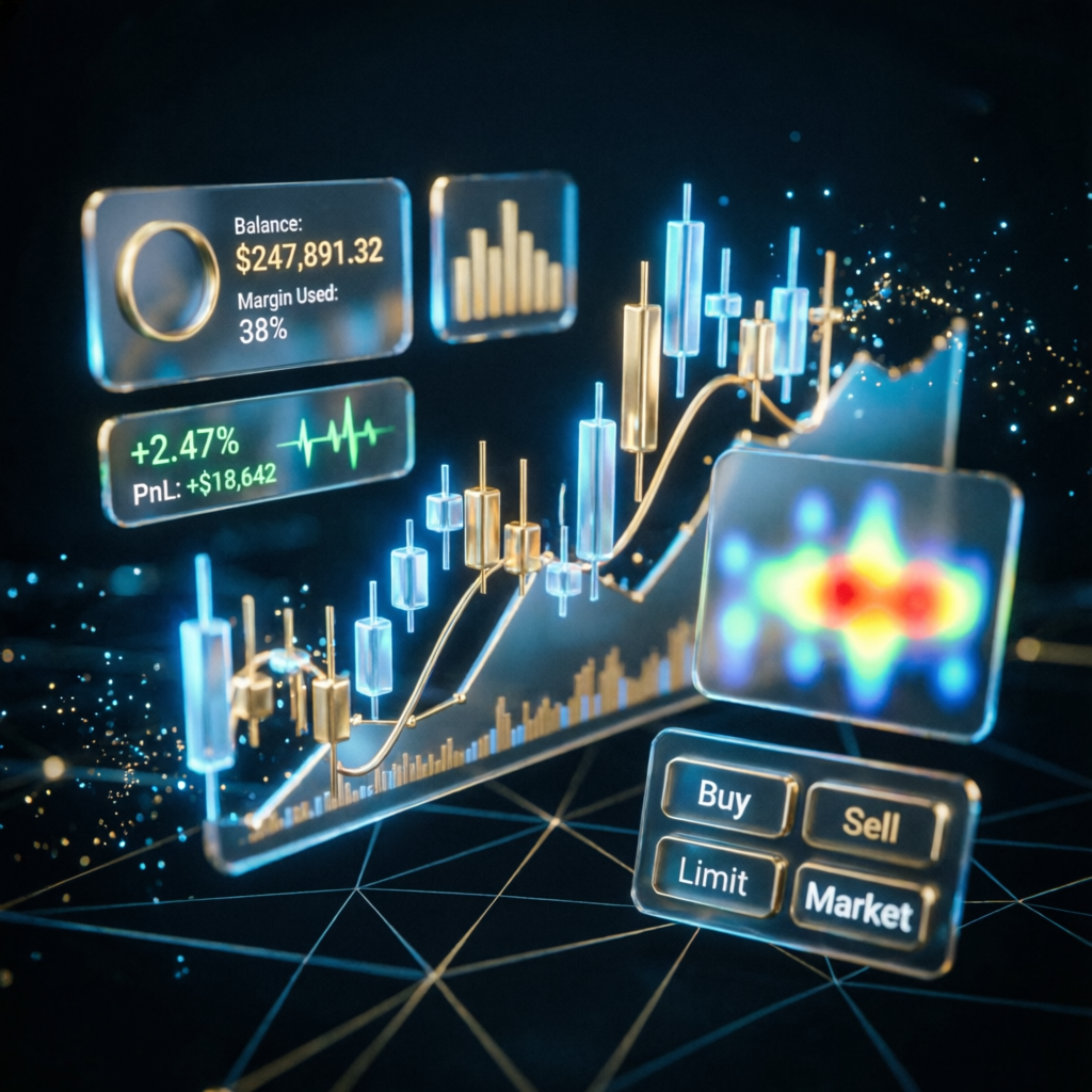 Futuristic trading dashboard with holographic charts and financial data