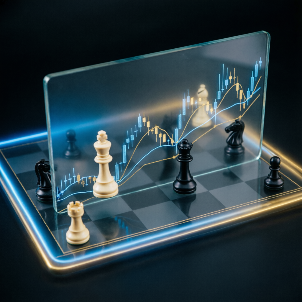 Trading strategy visualization with chess pieces and financial charts