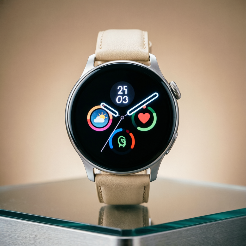 Samsung Galaxy Watch 9 Silver на стеклянной подставке - премиальные материалы, алюминий и сапфировое стекло