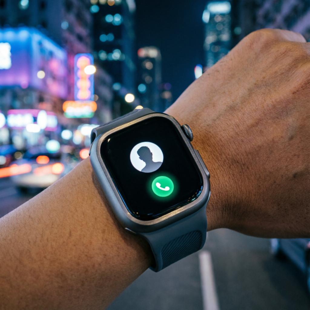 Samsung Galaxy Watch Ultra2 на запястье в ночном городе - входящий звонок через LTE