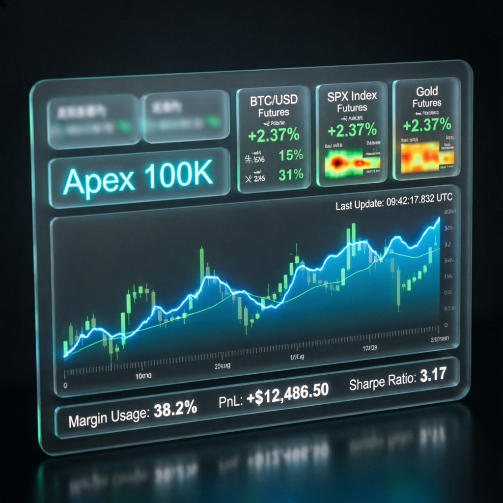 Apex 100K Account Dashboard showing futures trading charts and profit metrics