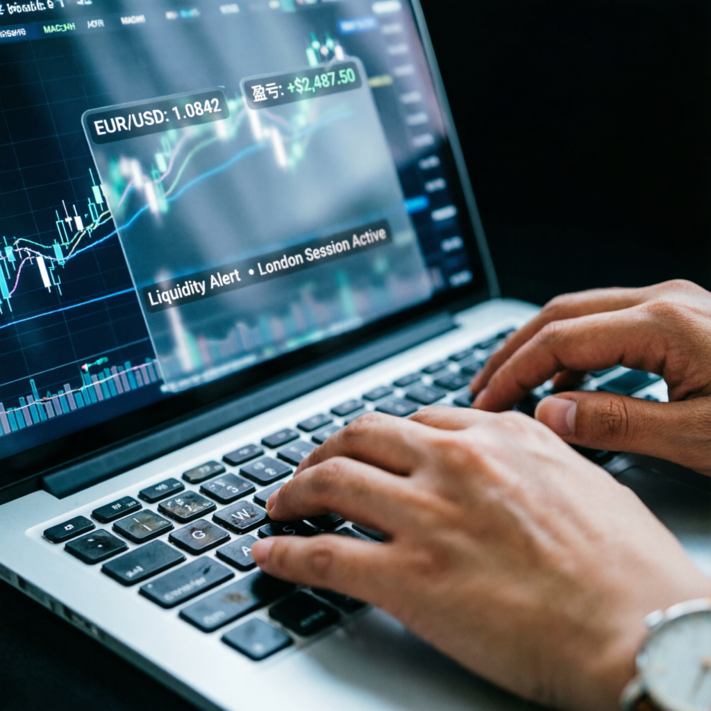 Trader executing Apex 100K strategy on laptop with trading charts