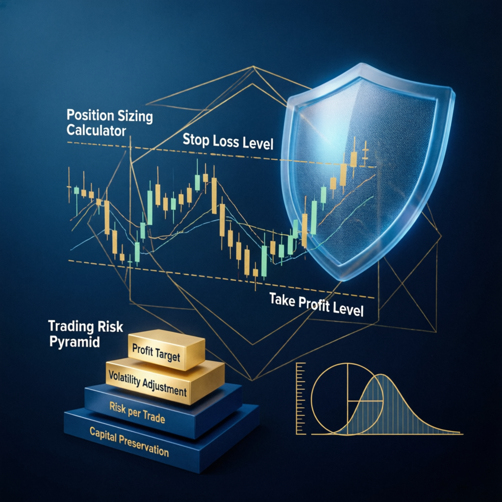 Risk management concept with position sizing, stop loss levels, and trading risk pyramid for prop firm trading