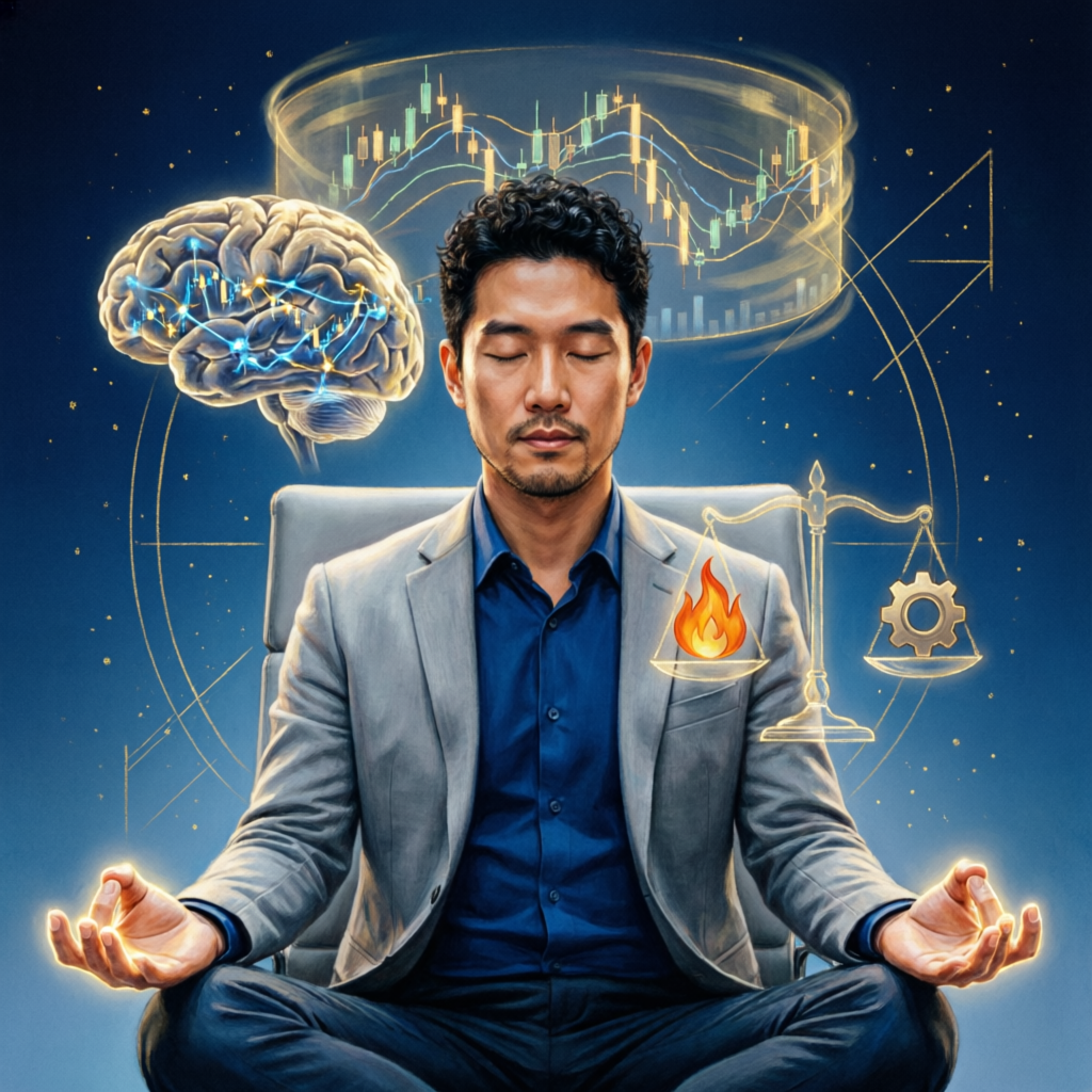 Trading psychology visualization showing mental discipline and emotional balance in Forex trading
