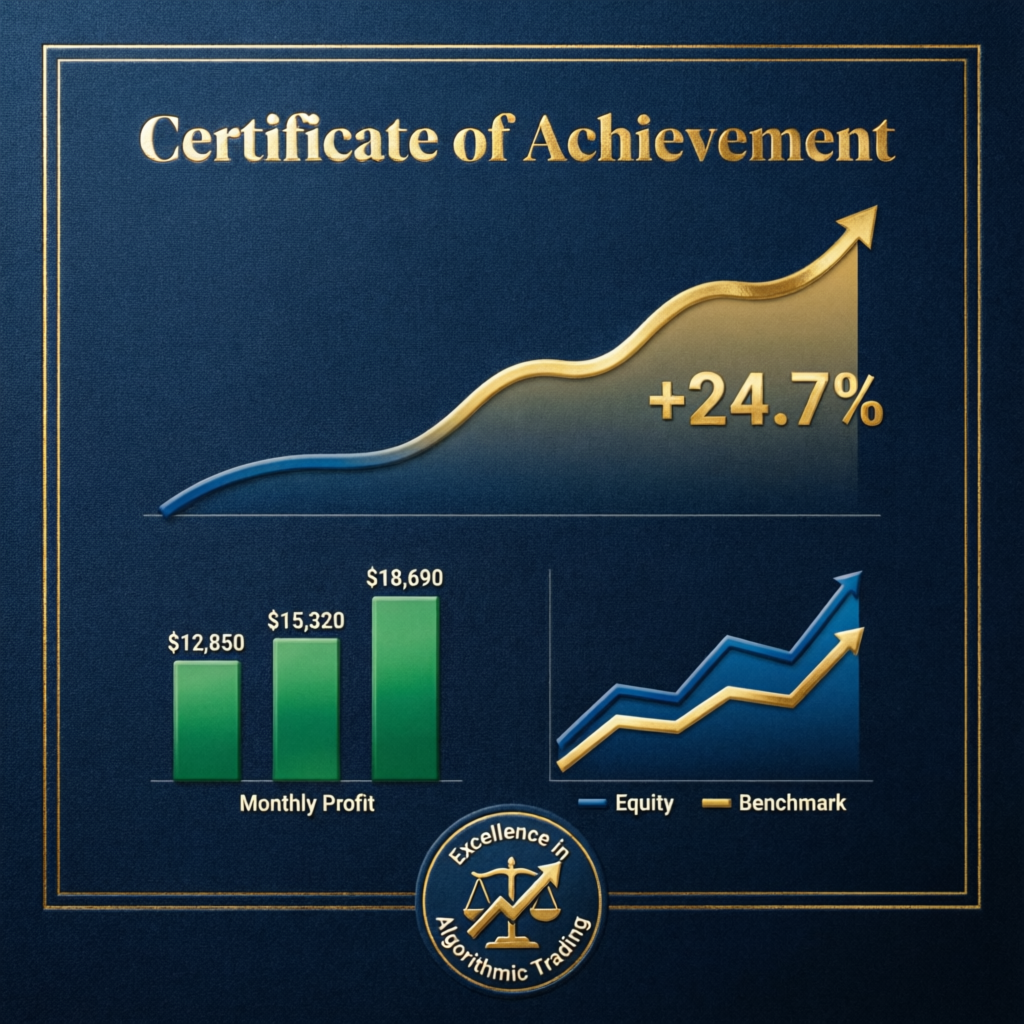 Certificate of achievement showing +24.7% profit with monthly profit bar charts for prop firm trading