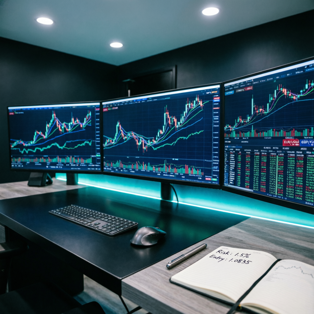 Professional trading desk setup with multiple monitors showing Forex charts and candlestick patterns for FundedNext challenge trading