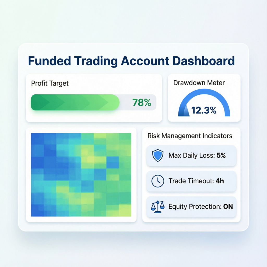 Funded trading account dashboard showing profit targets, drawdown meters, and risk management indicators for FundedNext