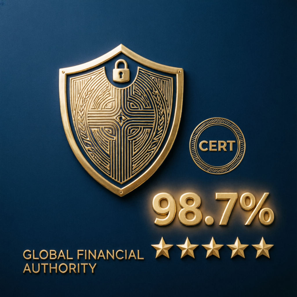 PFM Capitals trust badge showing verified certification, 98.7% success rate, and five-star rating