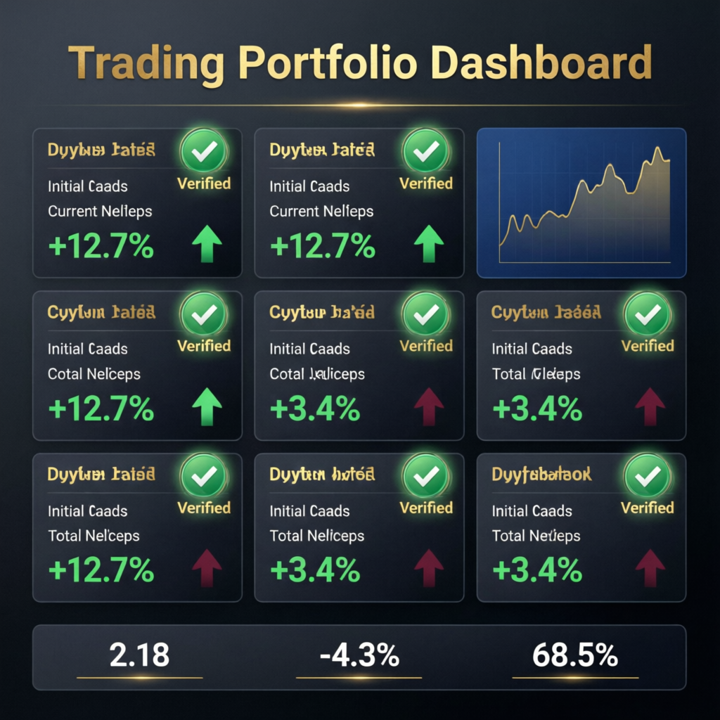 Trading portfolio dashboard with multiple verified funded accounts showing profit percentages