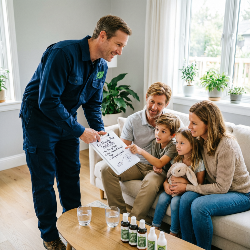 Pest control technician consulting with homeowner
