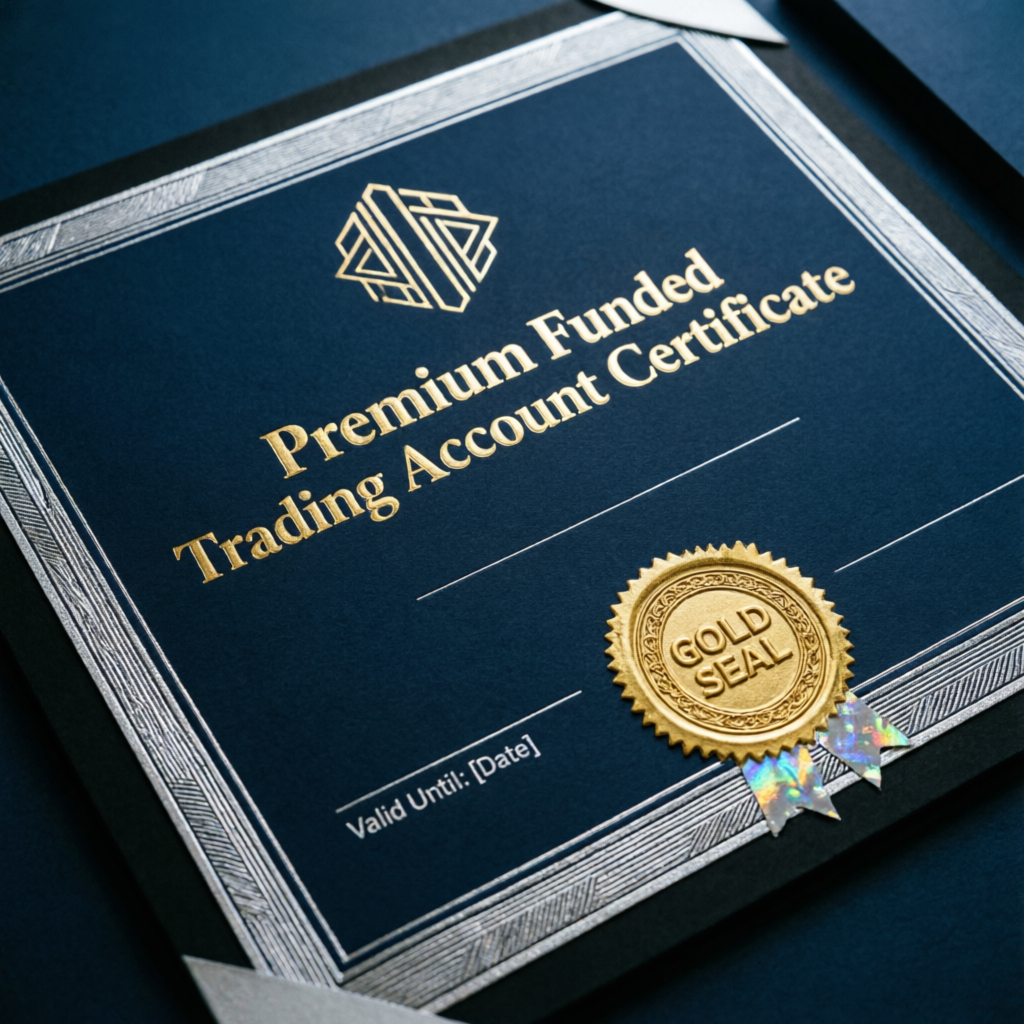 Premium funded trading account certificate representing successful prop firm challenge completion