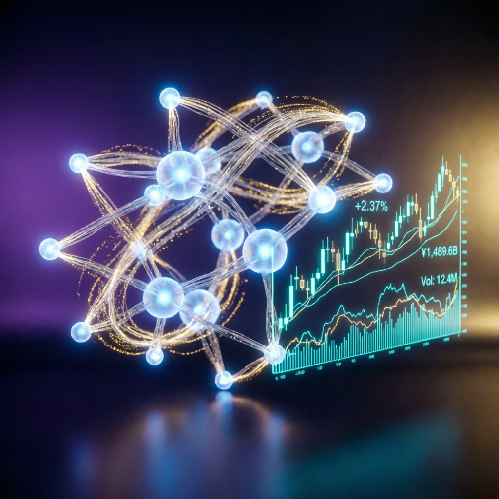 AI neural network connected to financial charts representing automated prop firm passing strategies