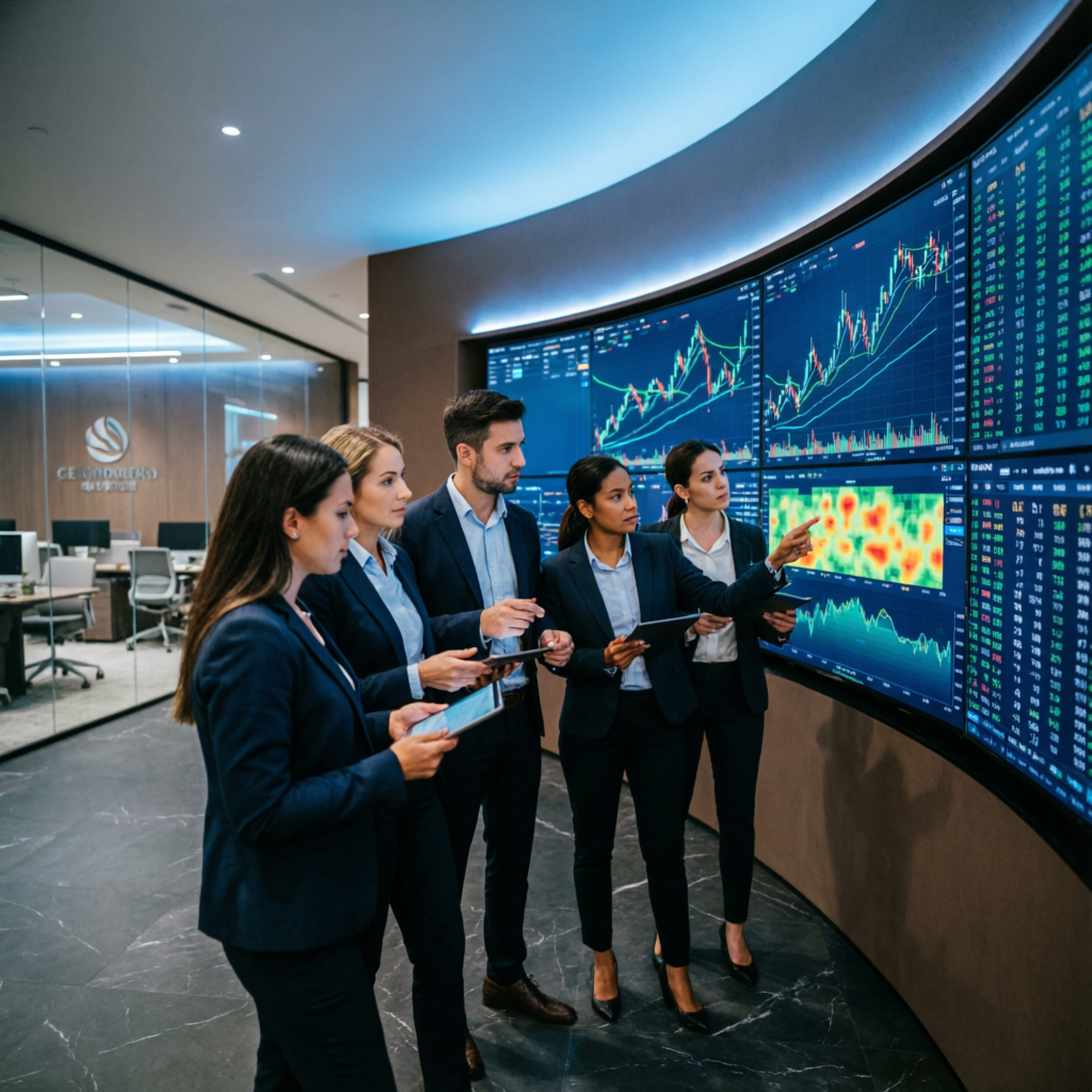 Professional trading team analyzing market data on large display screens