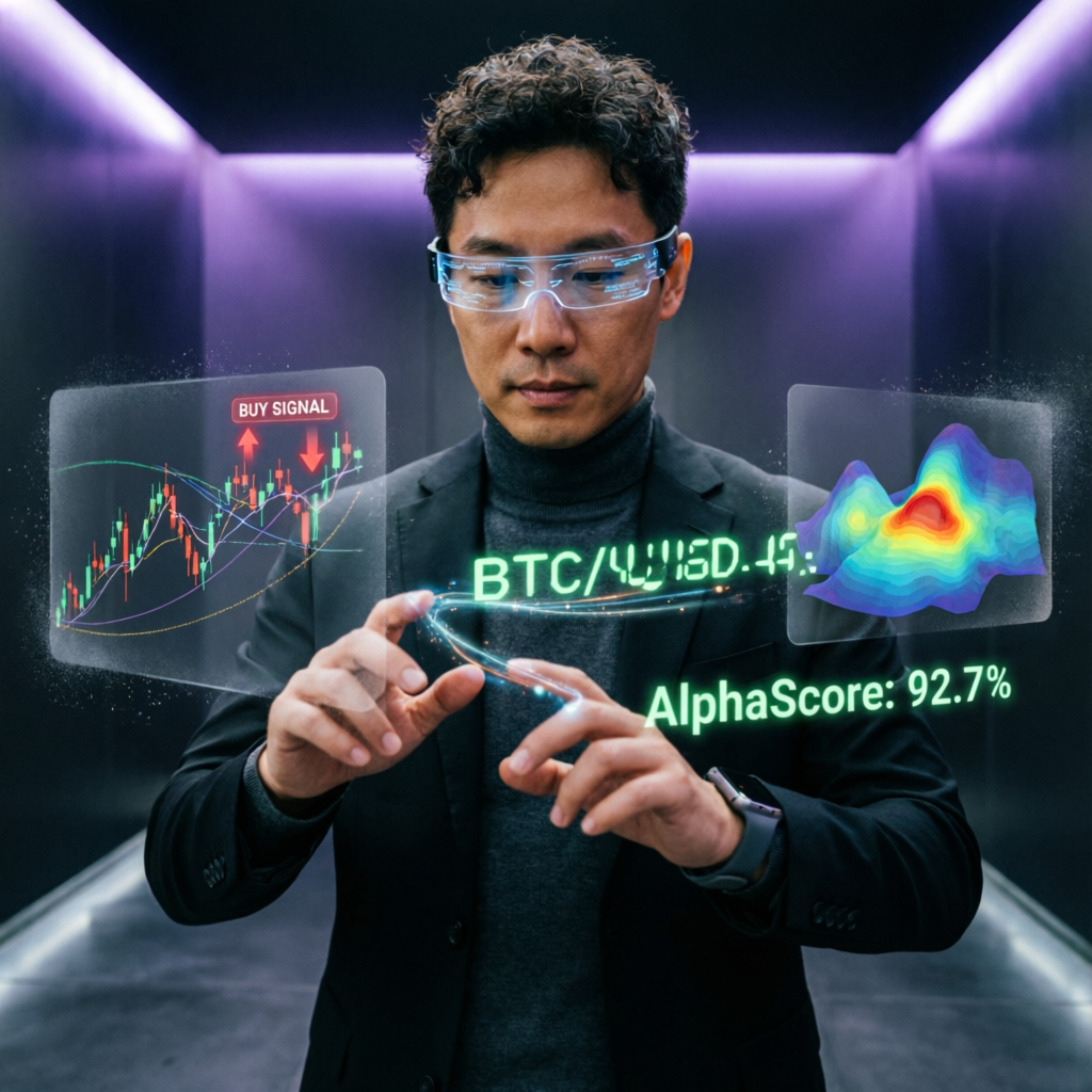 Professional trader using advanced holographic trading interface with AI assistance