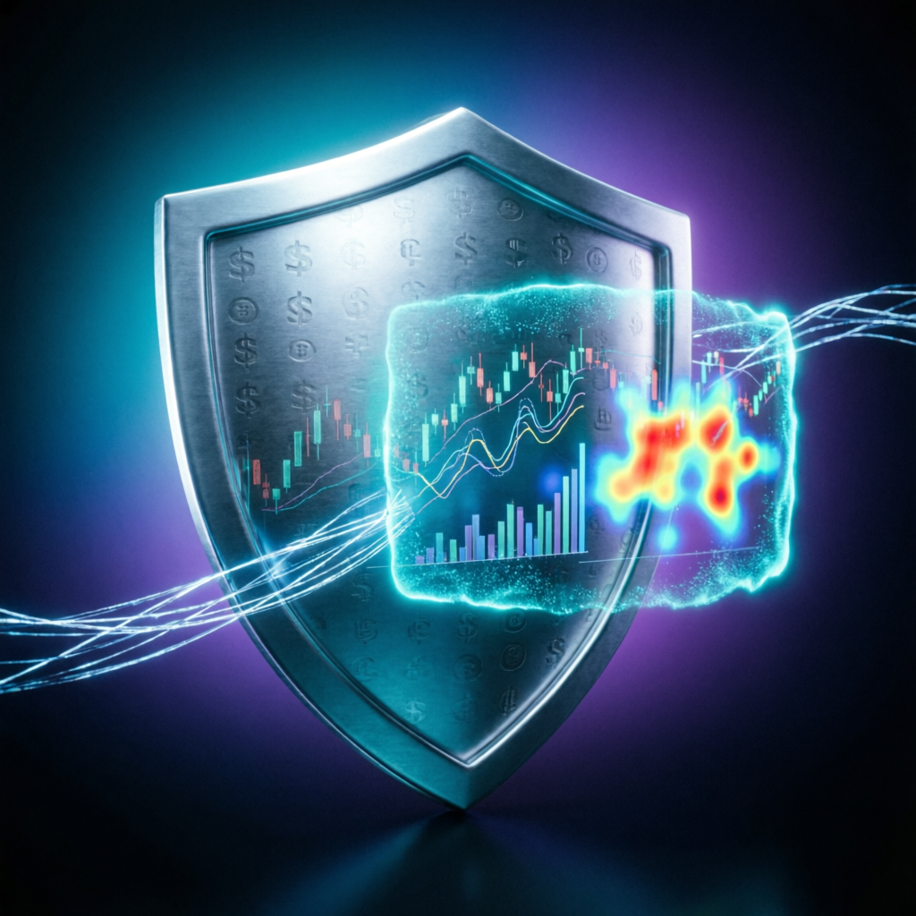Risk management shield protecting trading portfolio with advanced analytics