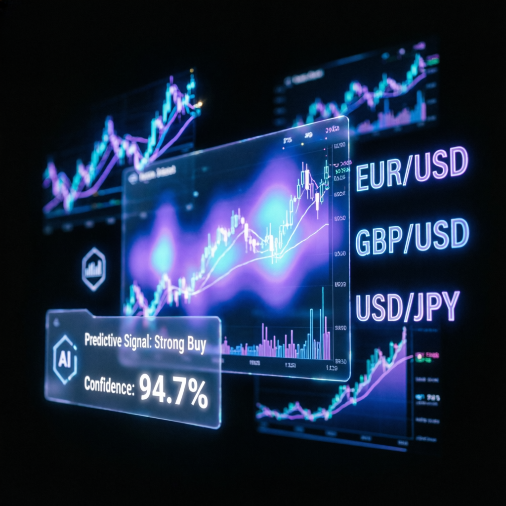 AI-powered trading dashboard showing forex charts and predictive signals for Topstep prop firm passing service