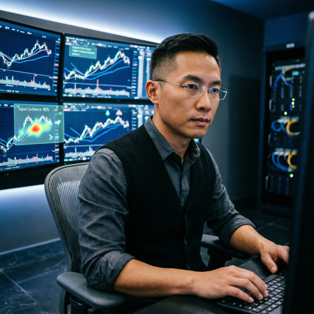 Professional forex trader analyzing Topstep futures markets on multiple monitors