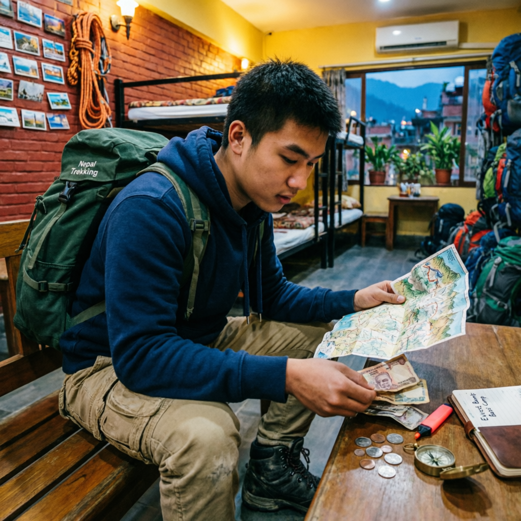 Budget traveler planning trek route while counting money in a hostel in Nepal