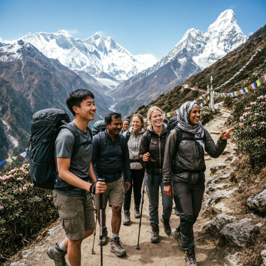 Diverse group of budget trekkers with backpacks walking along a Himalayan trail in Nepal