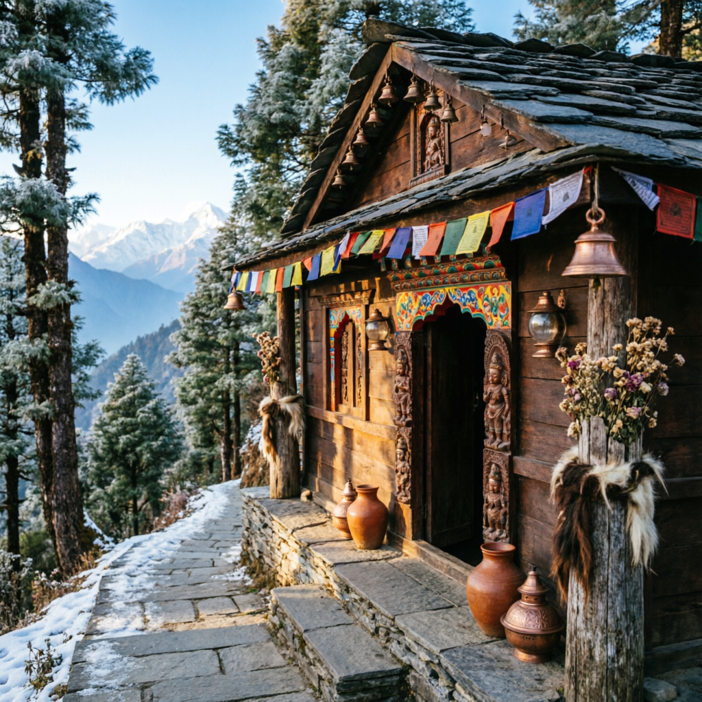 Traditional wooden tea house lodge decorated with prayer bells and colorful flags in the Himalayas