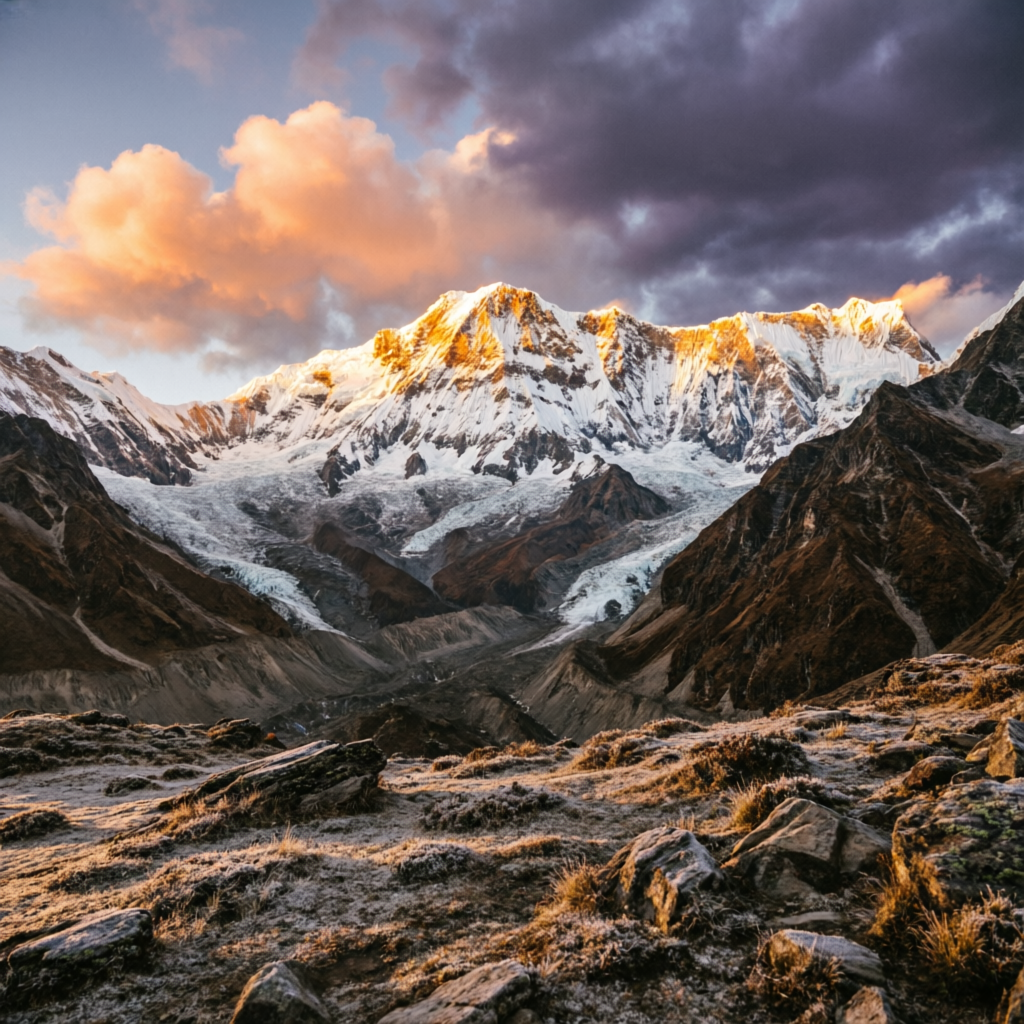 Golden sunrise illuminating snow-capped Himalayan peaks in Nepal