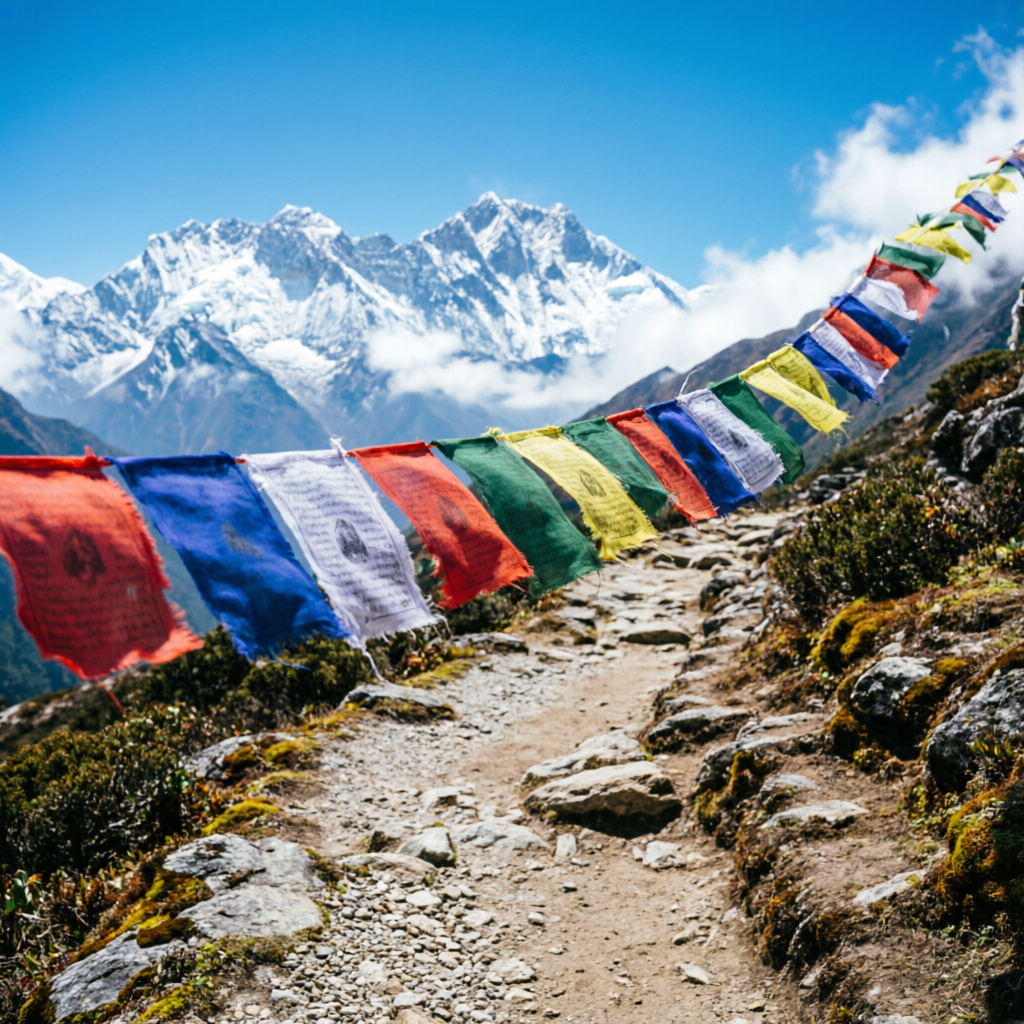 Colorful Buddhist prayer flags along a trekking trail in Nepal with Himalayan peaks in background