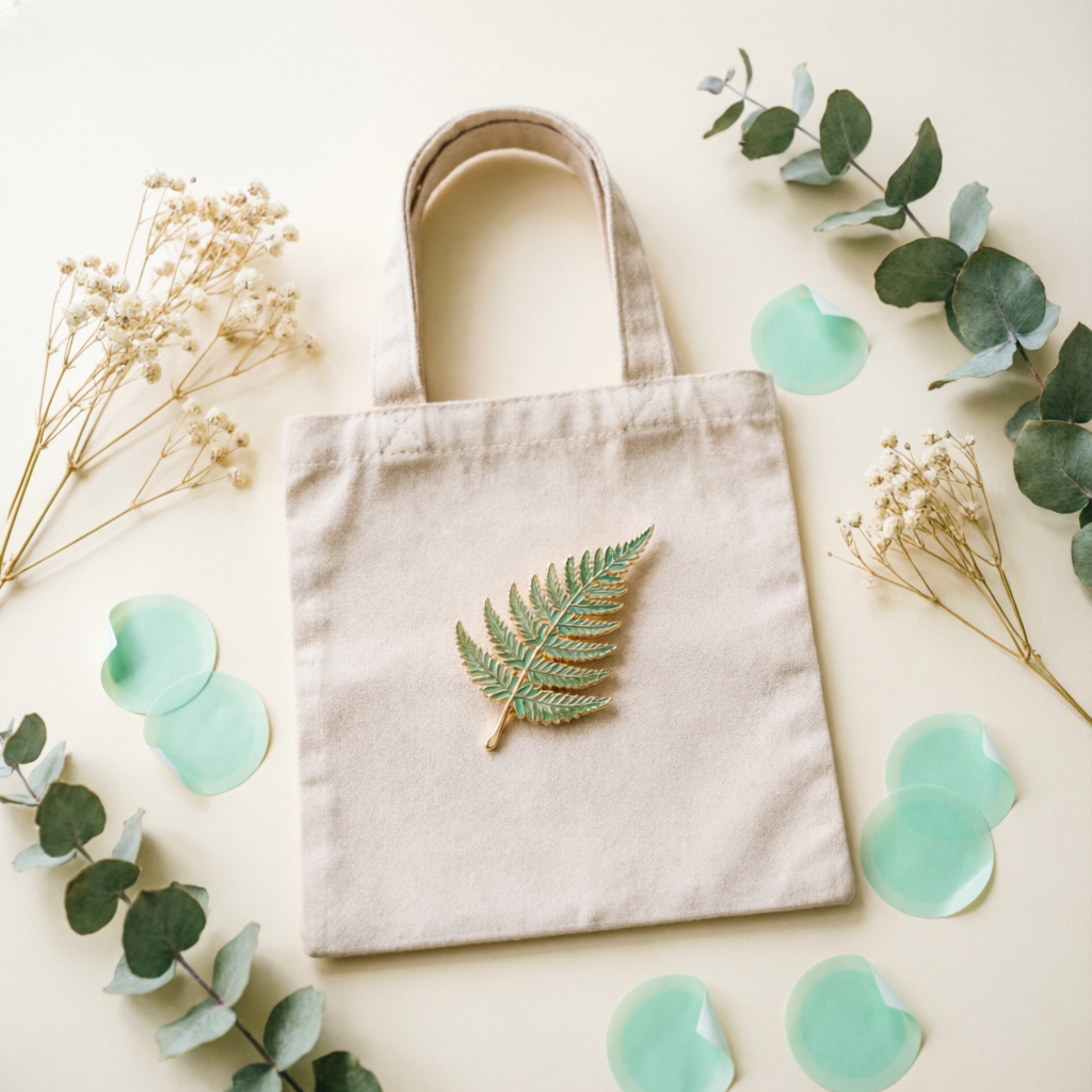 Kit de merchandising con bolsa de tela, pin esmaltado botánico y stickers verde menta sobre fondo crema