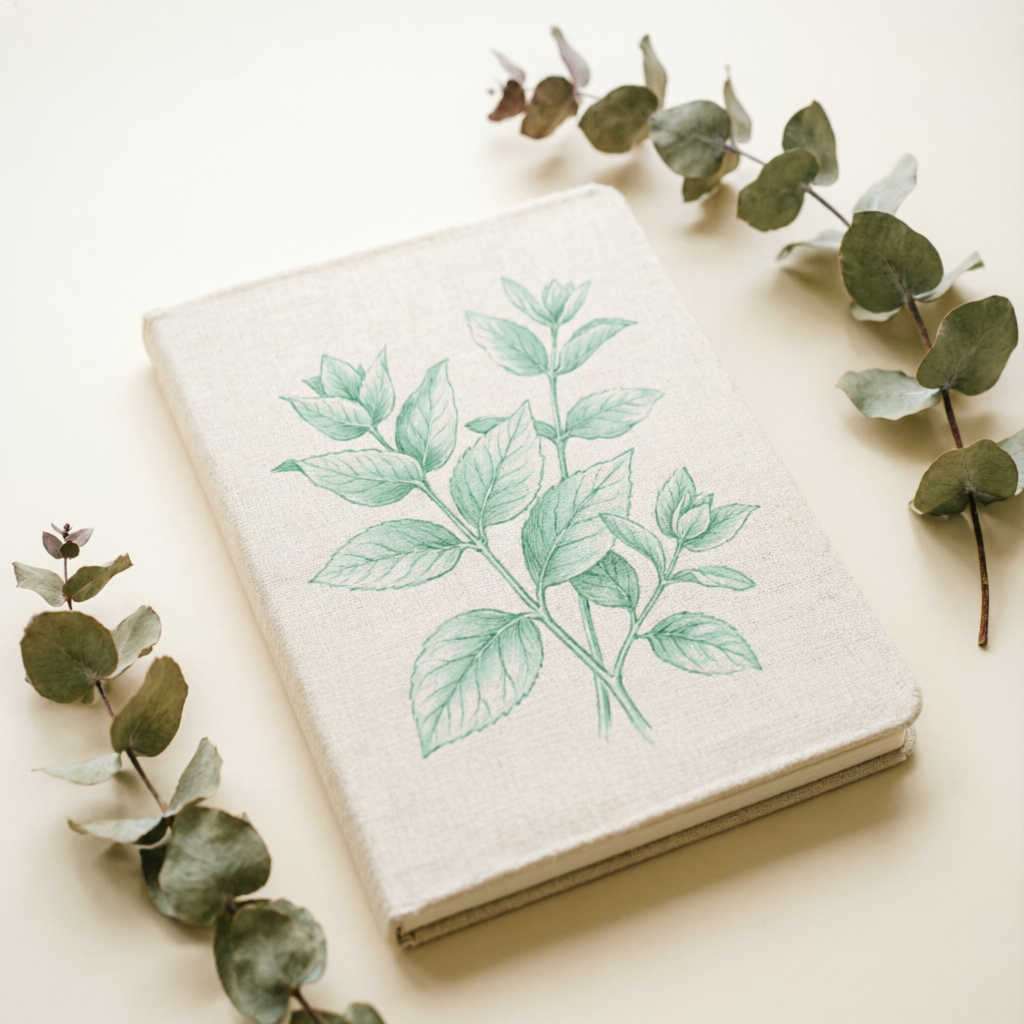 Cuaderno artesanal color crema con ilustración botánica en verde menta sobre tela de lino