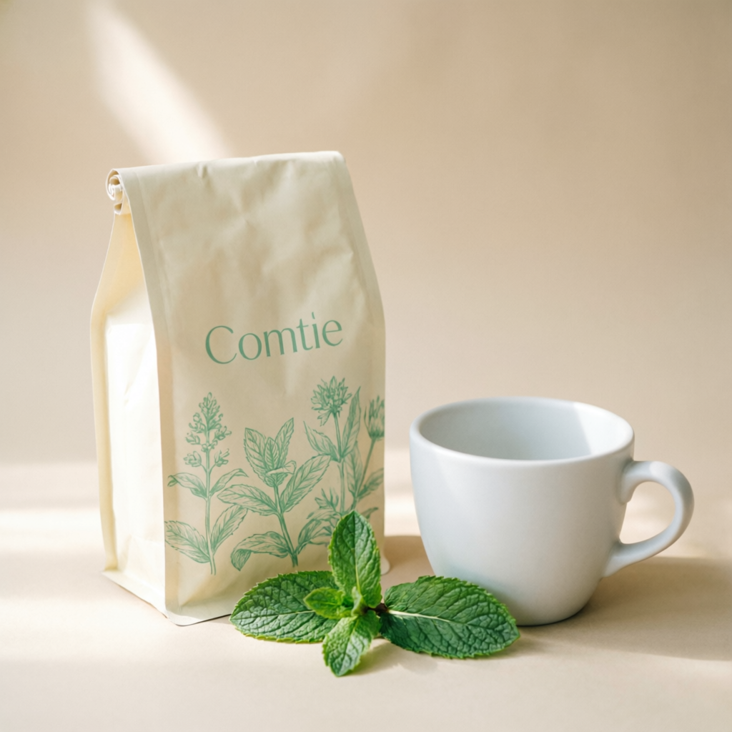 Empaque de café en papel crema con tipografía verde menta e ilustración botánica junto a taza de cerámica