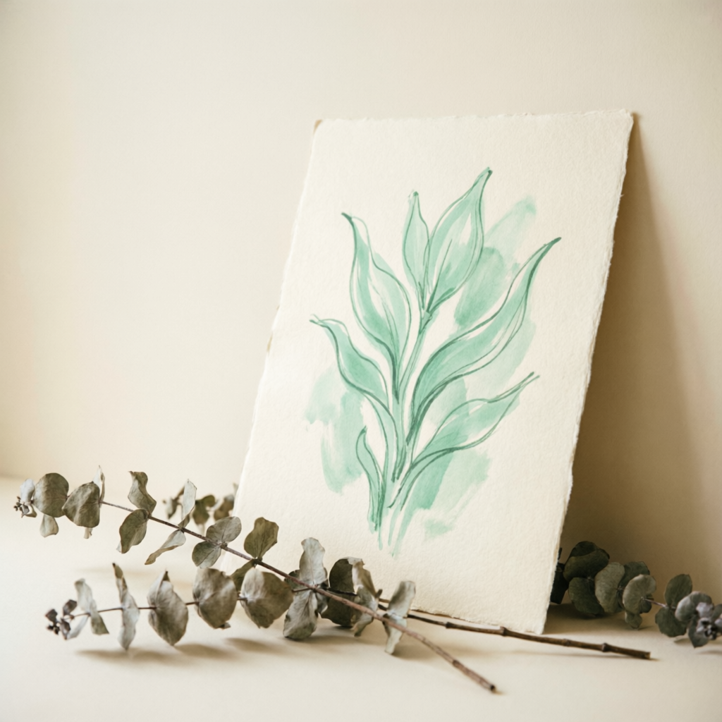 Impresión artística limitada con ilustración botánica en acuarela verde menta sobre papel crema, acompañada de eucalipto seco